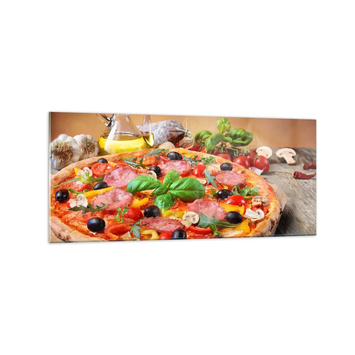 Impression sur verre - Image sur verre - Pizza appétissante sur une table en bois avec garnitures - 120x50cm - Avec une vraie saveur italienne - Décoration murale moderne pour le salon et la chambre ARTTOR
