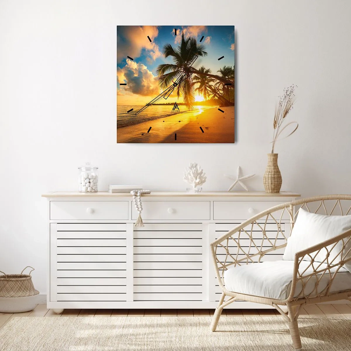 Horloge murale - Pendule murale - Plage au coucher du soleil avec des palmiers au bord de la mer - 30x30cm - Rêve caribéen - Décoration murale moderne pour le salon et la chambre ARTTOR