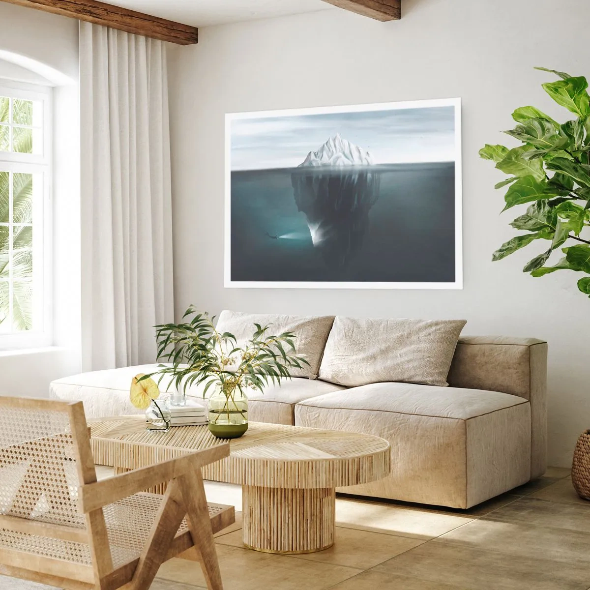 Affiche - Poster - Un iceberg dans l'eau avec un plongeur et un projecteur sous la surface. - 100x70cm - Mystère sous-marin - Décoration murale moderne pour le salon et la chambre ARTTOR