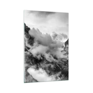 Impression sur verre - Image sur verre - Vue en noir et blanc de montagnes entourées de nuages - 70x100cm - Belle et cruelle - Décoration murale moderne pour le salon et la chambre ARTTOR