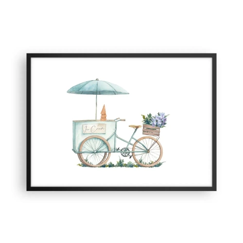Affiche dans un cadre noir - Poster - Un vélo avec de la glace et des fleurs sous un parapluie aux couleurs pastel délicates - 70x50cm - Doux souvenir d'été - Décoration murale moderne pour le salon et la chambre ARTTOR