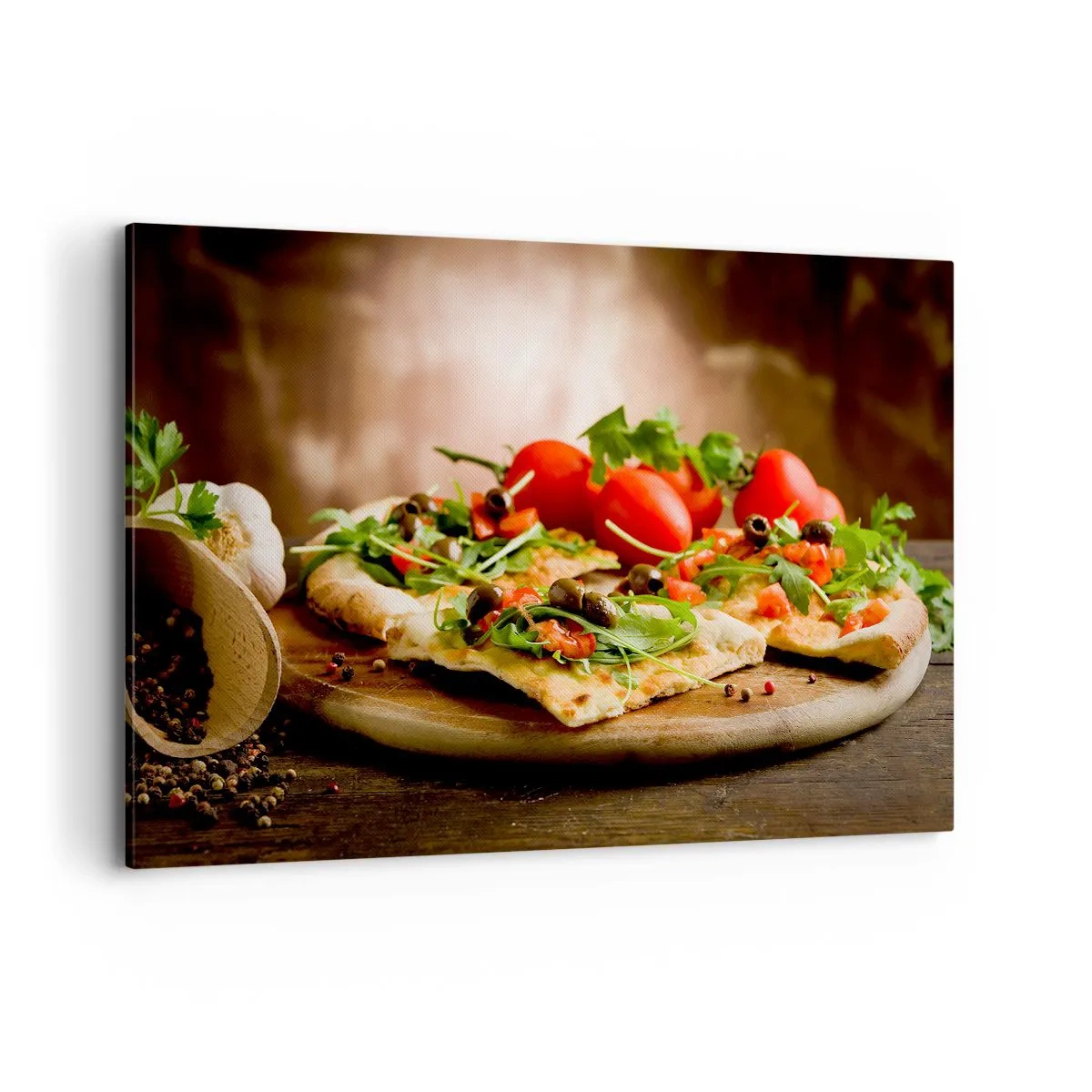 Impression sur toile - Image sur toile - Pizza aux légumes sur une planche en bois dans un style rustique - 120x80cm - Directement du four et du jardin - Décoration murale moderne pour le salon et la chambre ARTTOR