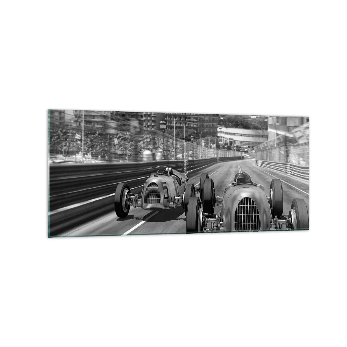 Impression sur verre - Image sur verre - Scène de course automobile rétro monochrome - 120x50cm - Il y a longtemps à Monté Carlo - Décoration murale moderne pour le salon et la chambre ARTTOR