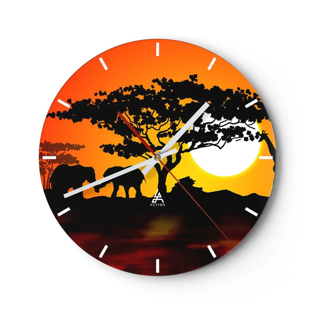 Horloge murale - Pendule murale - Paysage africain avec des silhouettes d'arbres et d'animaux au coucher du soleil - 30x30cm - Rencontre dans la savane - Décoration murale moderne pour le salon, la cuisine et la chambre ARTTOR