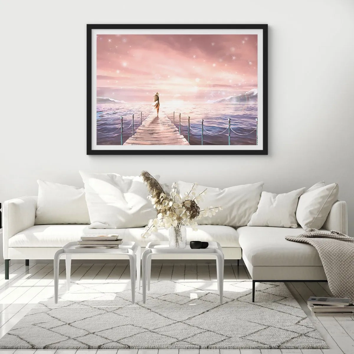 Affiche dans un cadre noir - Poster - Une femme sur une jetée dans un décor de coucher de soleil magique - 100x70cm - A la lumière d'un rêve - Décoration murale moderne pour le salon et la chambre ARTTOR