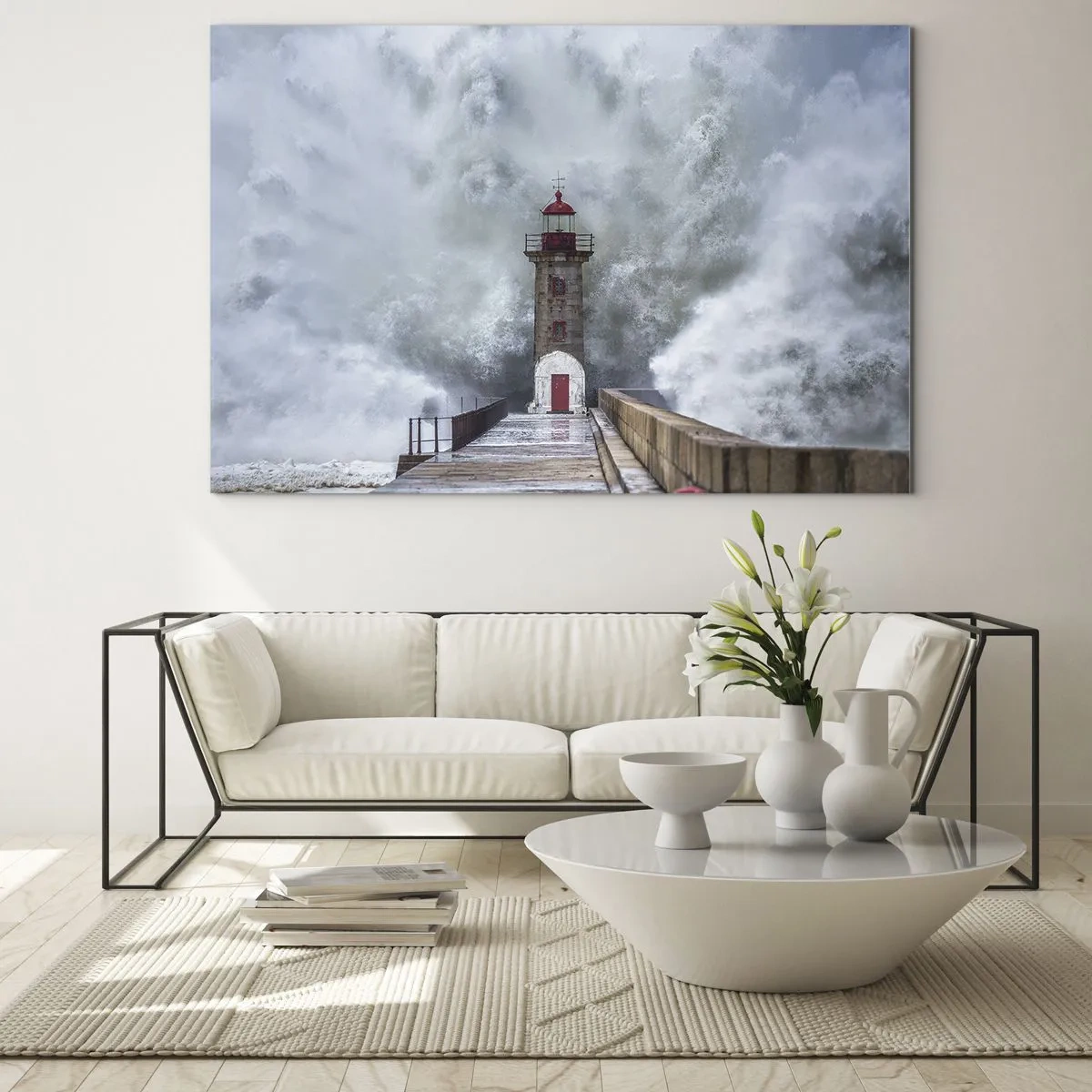 Impression sur verre - Image sur verre - Un phare est frappé par une puissante vague. - 100x70cm - Le rugissement des eaux, le bruit soufflera - Décoration murale moderne pour le salon et la chambre ARTTOR