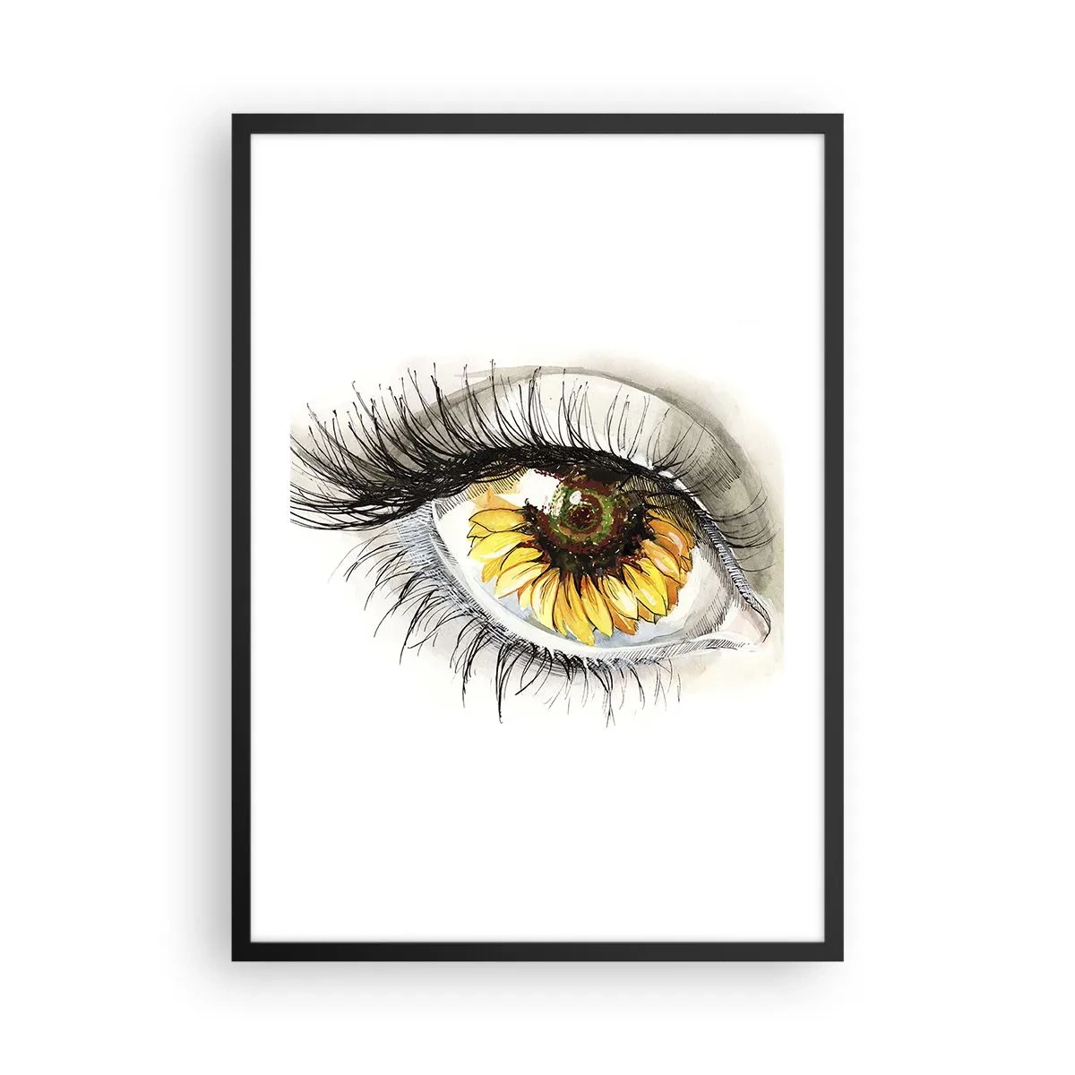 Affiche dans un cadre noir - Poster - Un œil avec une fleur de tournesol jaune dans la pupille - 50x70cm - Un look aussi chaud que l'été - Décoration murale moderne pour le salon et la chambre ARTTOR