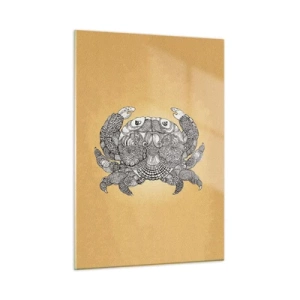 Impression sur verre - Image sur verre - Dessin stylisé d'un crabe avec des ornements sur fond jaune - 50x70cm - Les contes de M. Crabe - Décoration murale moderne pour le salon et la chambre ARTTOR