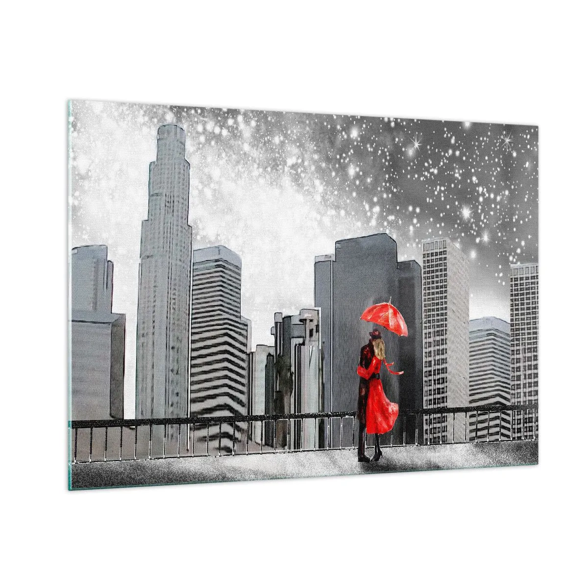 Impression sur verre - Image sur verre - Un couple avec un parapluie rouge debout devant un paysage urbain la nuit - 100x70cm - L'homme n'est pas une pierre - Décoration murale moderne pour le salon et la chambre ARTTOR