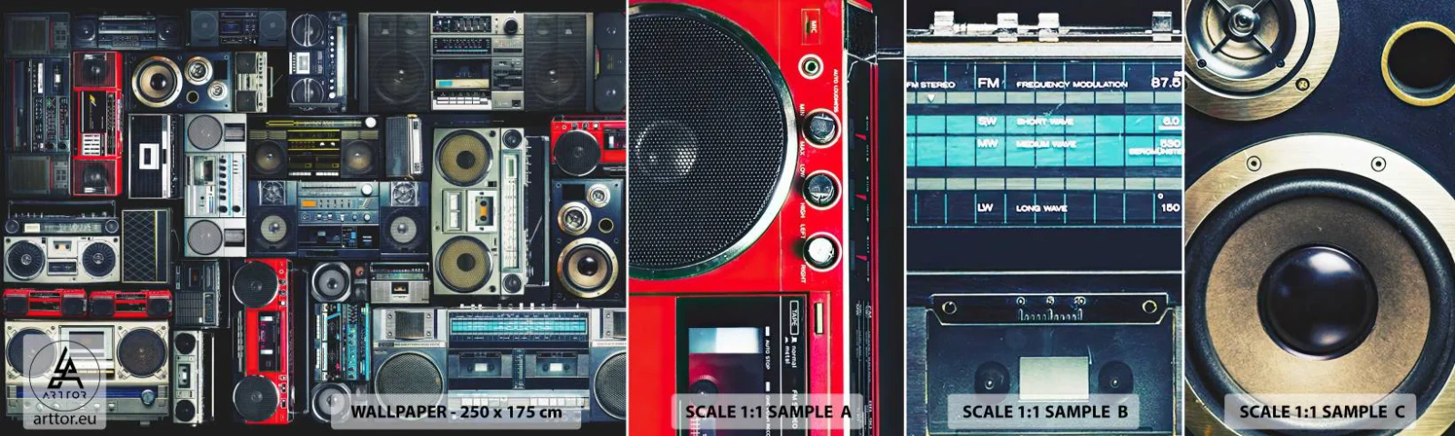 Échantillon de Papier Peint Autocollant Deluxe Sticker - Nostalgie des années 80 - Magnétophone, Amplificateur de musique, Équipement musical vintage - 100x30 cm