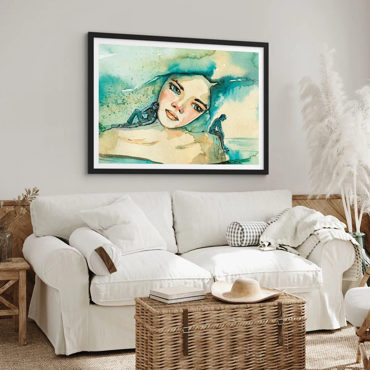 Affiche dans un cadre noir - Poster - Aquarelle d'un visage de femme avec un motif réfléchissant - 70x50cm - Suis-je bleu? - Décoration murale moderne pour le salon et la chambre ARTTOR