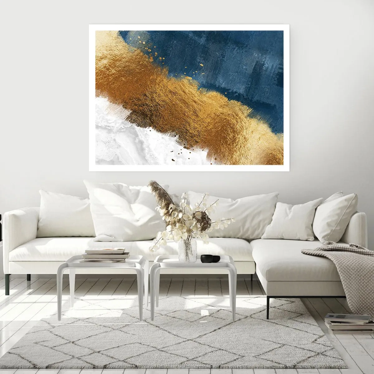 Affiche - Poster - Une composition abstraite dans des tons d'or, de bleu et de blanc. - 100x70cm - Les couleurs de l’été - Décoration murale moderne pour le salon et la chambre ARTTOR