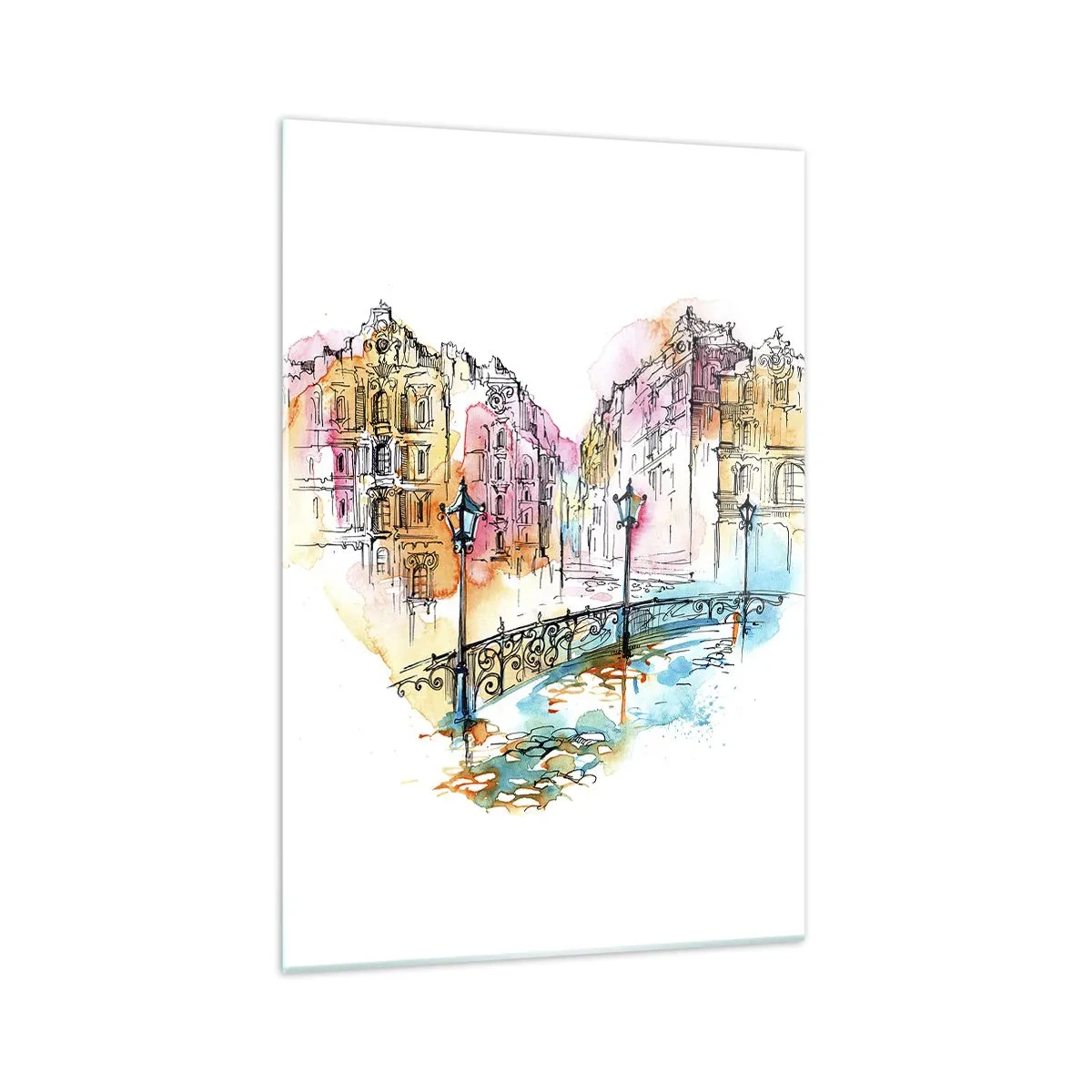 Impression sur verre - Image sur verre - Aquarelle d'un pont et de maisons en forme de cœur - 70x100cm - Le coeur de la ville - Décoration murale moderne pour le salon et la chambre ARTTOR