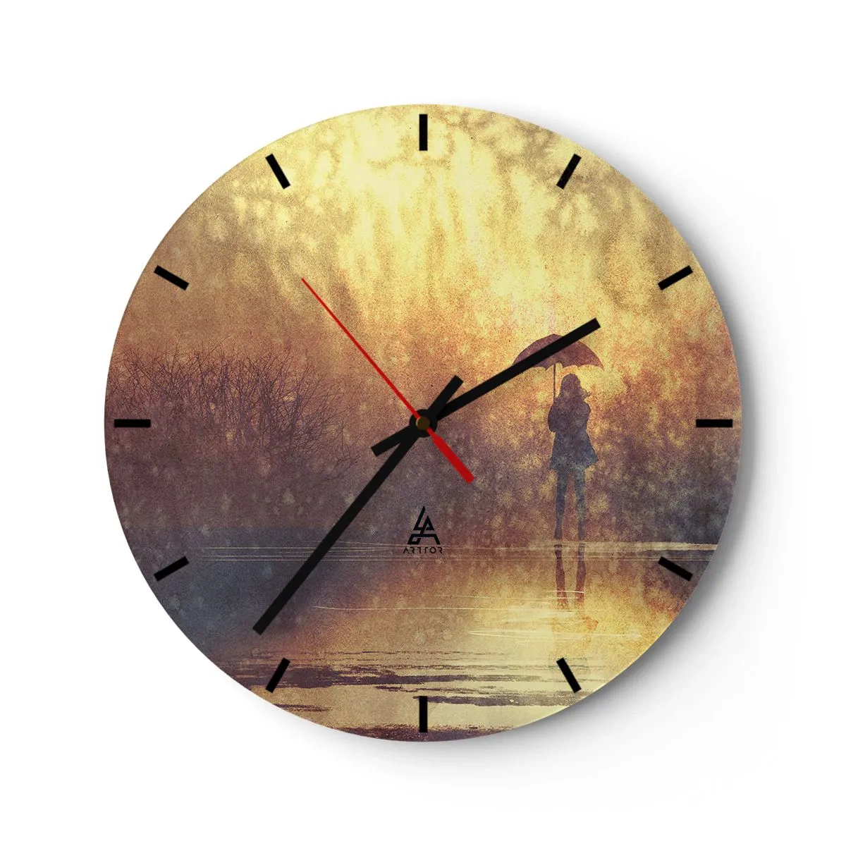 Horloge murale - Pendule murale - Une silhouette avec un parapluie sur fond de pluie et de lumière chaude - 30x30cm - Je sens que quelqu'un me regarde - Décoration murale moderne pour le salon, la cuisine et la chambre ARTTOR