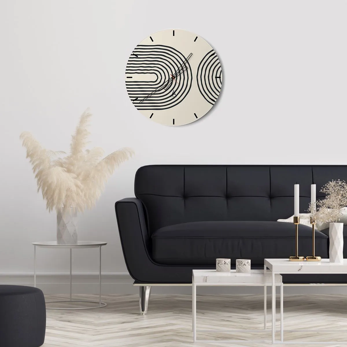 Horloge murale - Pendule murale - Lignes géométriques en forme de vagues concentriques sur fond beige - 30x30cm - Dans un instant... - Décoration murale moderne pour le salon, la cuisine et la chambre ARTTOR