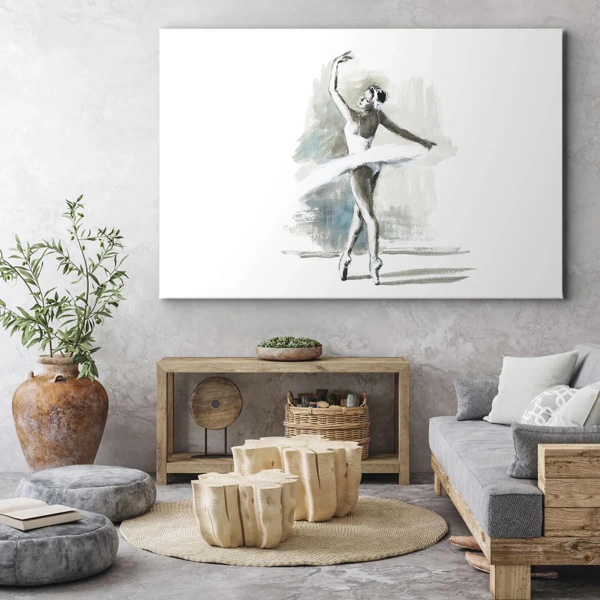 Impression sur toile - Image sur toile - Une danseuse de ballet dans une pose de ballet sur un fond de tons aquarelle délicats. - 100x70cm - Enchantement du cygne - Décoration murale moderne pour le salon et la chambre ARTTOR