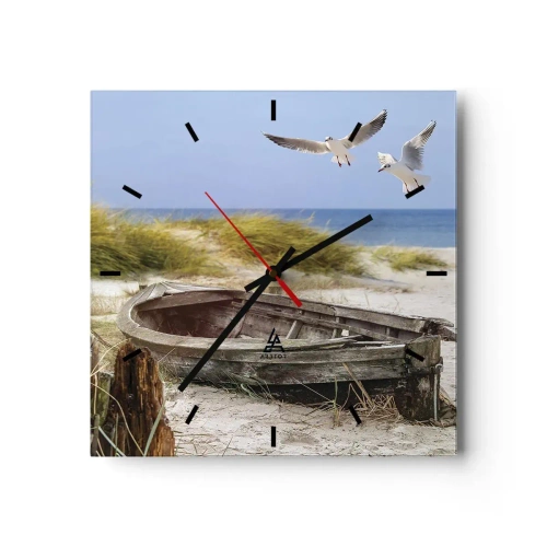Horloge murale - Pendule murale - Bateau abandonné sur une plage avec des mouettes - 30x30cm - Bain de vent - Décoration murale moderne pour le salon et la chambre ARTTOR