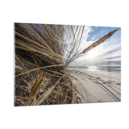 Impression sur verre - Image sur verre - Herbe dorée sur fond de plage de sable et de mer - 120x80cm - Rencontre des éléments - Décoration murale moderne pour le salon et la chambre ARTTOR