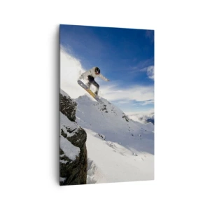 Impression sur toile - Image sur toile - Un snowboardeur saute d'une falaise avec des montagnes enneigées en arrière-plan. - 80x120cm - Liberté sans limite - Décoration murale moderne pour le salon et la chambre ARTTOR