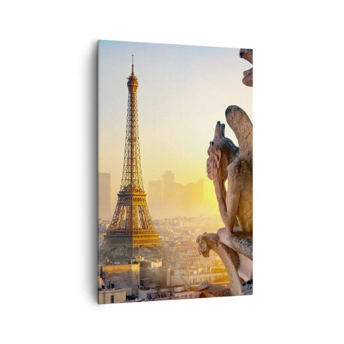 Impression sur toile - Image sur toile - Vue de la Tour Eiffel avec des gargouilles en arrière-plan - 80x120cm - Tellement de choses ont changés... - Décoration murale moderne pour le salon et la chambre ARTTOR