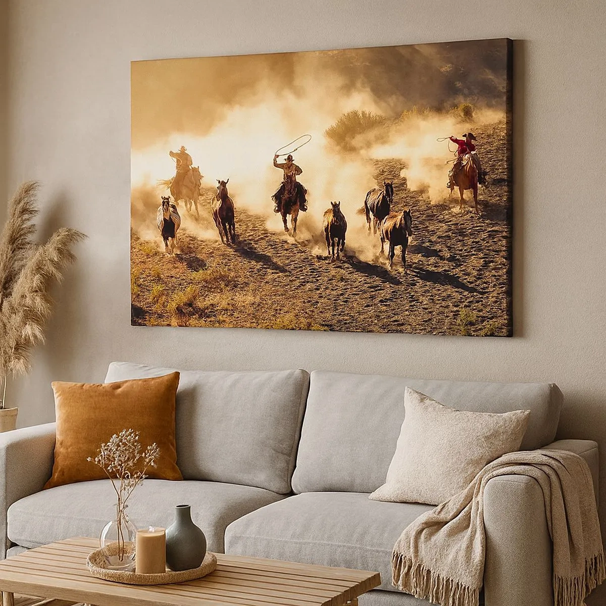Impression sur toile - Image sur toile - Cowboys à cheval en action sur un terrain désertique - 70x50cm - L'ouest vraiment sauvage - Décoration murale moderne pour le salon et la chambre ARTTOR
