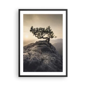 Affiche dans un cadre noir - Poster - Un arbre solitaire sur un pic rocheux à la lumière du soleil couchant - 50x70cm - La vie gagne toujours - Décoration murale moderne pour le salon et la chambre ARTTOR