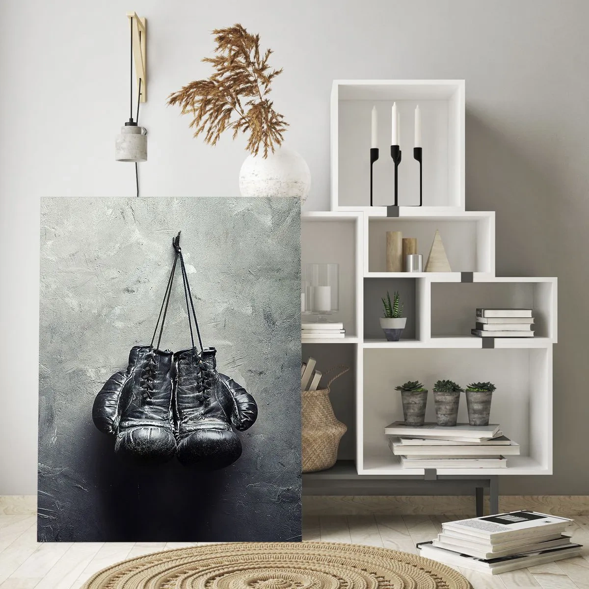 Impression sur verre - Image sur verre - De vieux gants de boxe contre le mur - 70x100cm - Un temps pour se battre et un temps pour la paix - Décoration murale moderne pour le salon et la chambre ARTTOR