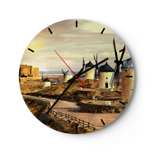 Horloge murale - Pendule murale - Moulins à vent sur les collines de La Mancha - 30x30cm - Don Quichotte est sur le point d'arriver - Décoration murale moderne pour le salon, la cuisine et la chambre ARTTOR