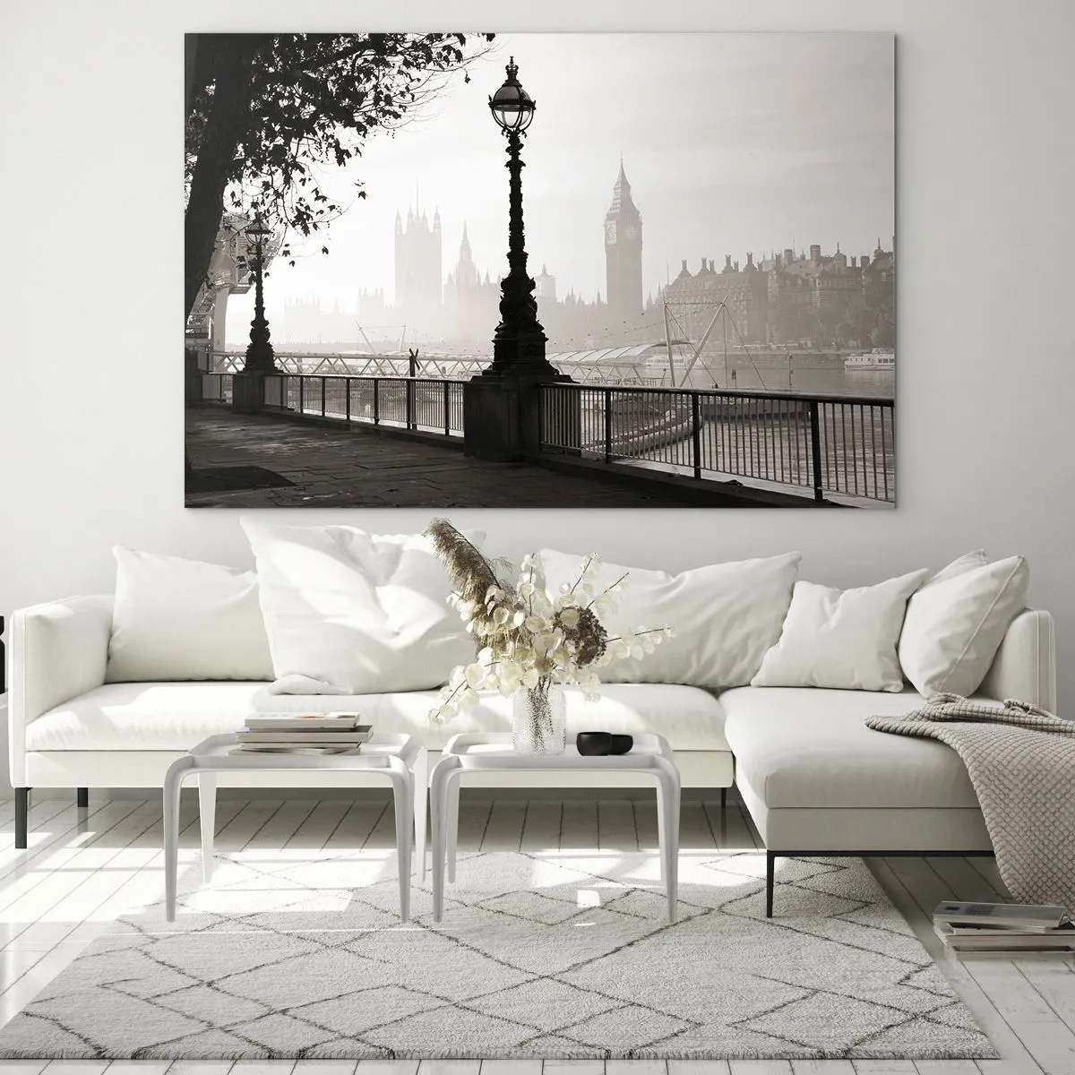 Impression sur verre - Image sur verre - Photographie en noir et blanc de la promenade de Londres avec Big Ben - 100x70cm - Un matin londonien - Décoration murale moderne pour le salon et la chambre ARTTOR
