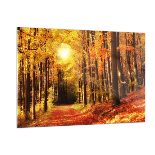 Impression sur verre - Image sur verre - Forêt d'automne baignée de soleil doré - 120x80cm - Automne doré sur une route forestière - Décoration murale moderne pour le salon et la chambre ARTTOR