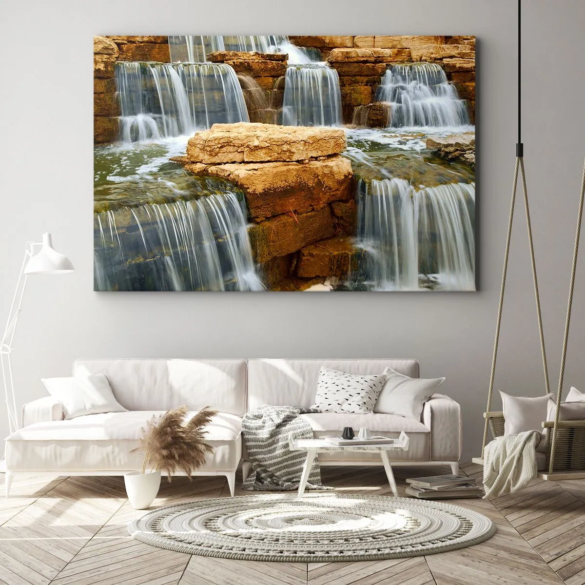 Impression sur toile - Image sur toile - Une cascade qui coule sur des marches de pierre - 100x70cm - Escalier vers le ciel - Décoration murale moderne pour le salon et la chambre ARTTOR
