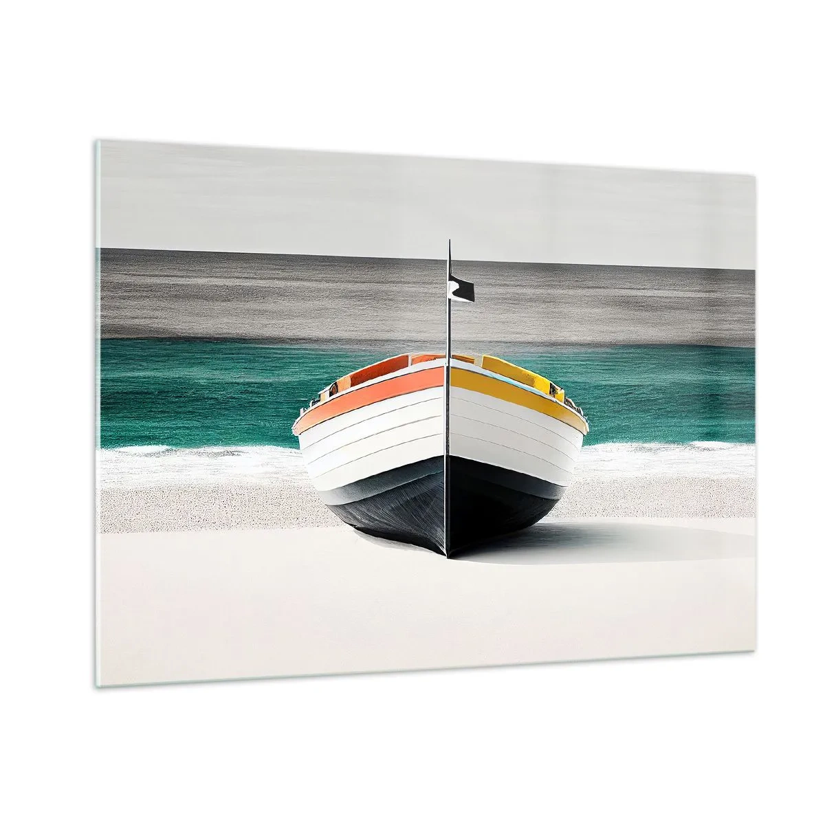 Impression sur verre - Image sur verre - Un bateau coloré sur la plage avec une mer turquoise en arrière-plan - 100x70cm - A sa place - Décoration murale moderne pour le salon et la chambre ARTTOR