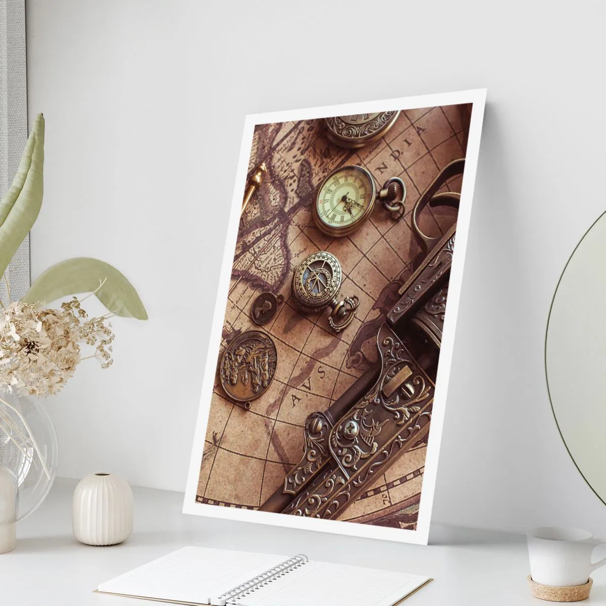 Affiche - Poster - Une boussole, une carte et des objets anciens symbolisant l'aventure - 50x70cm - L'aventure appelle - Décoration murale moderne pour le salon et la chambre ARTTOR