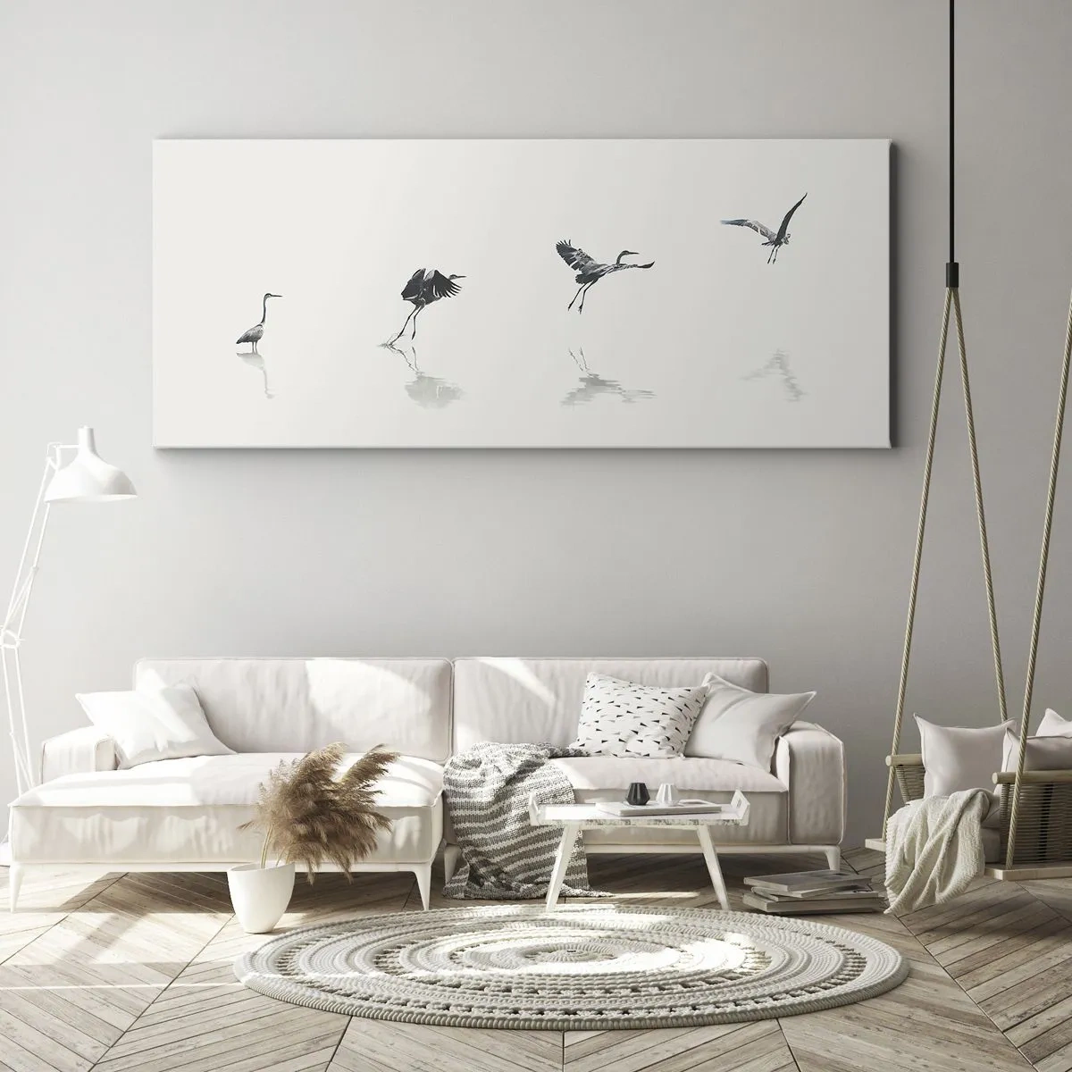 Impression sur toile - Image sur toile - Quatre silhouettes d'oiseaux se reflètent dans l'eau calme - 140x50cm - Quatre étapes simples - Décoration murale moderne pour le salon et la chambre ARTTOR
