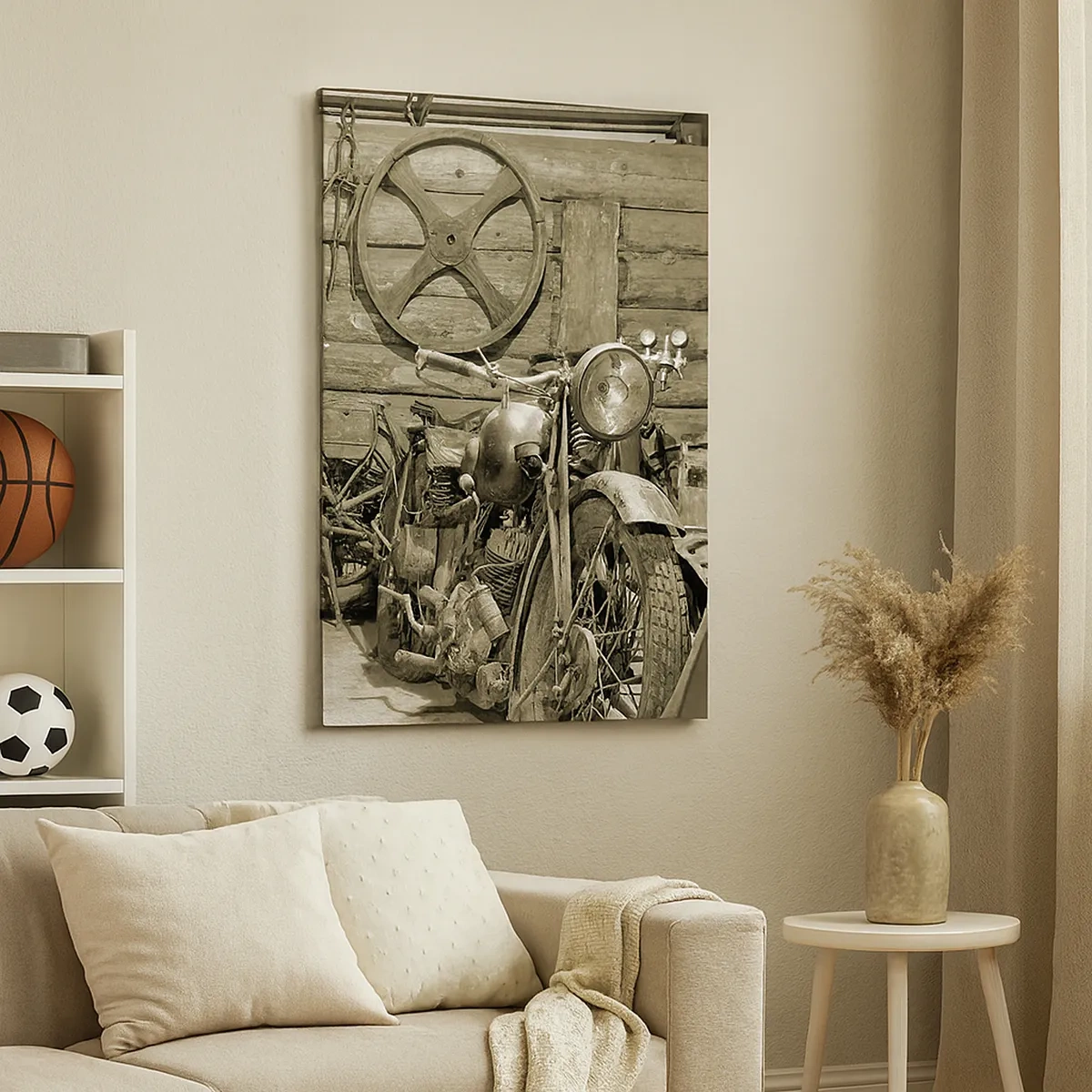 Impression sur toile - Image sur toile - Atelier rétro avec motos et outils - 50x70cm - Dans le hangar de l'oncle Władek - Décoration murale moderne pour le salon et la chambre ARTTOR