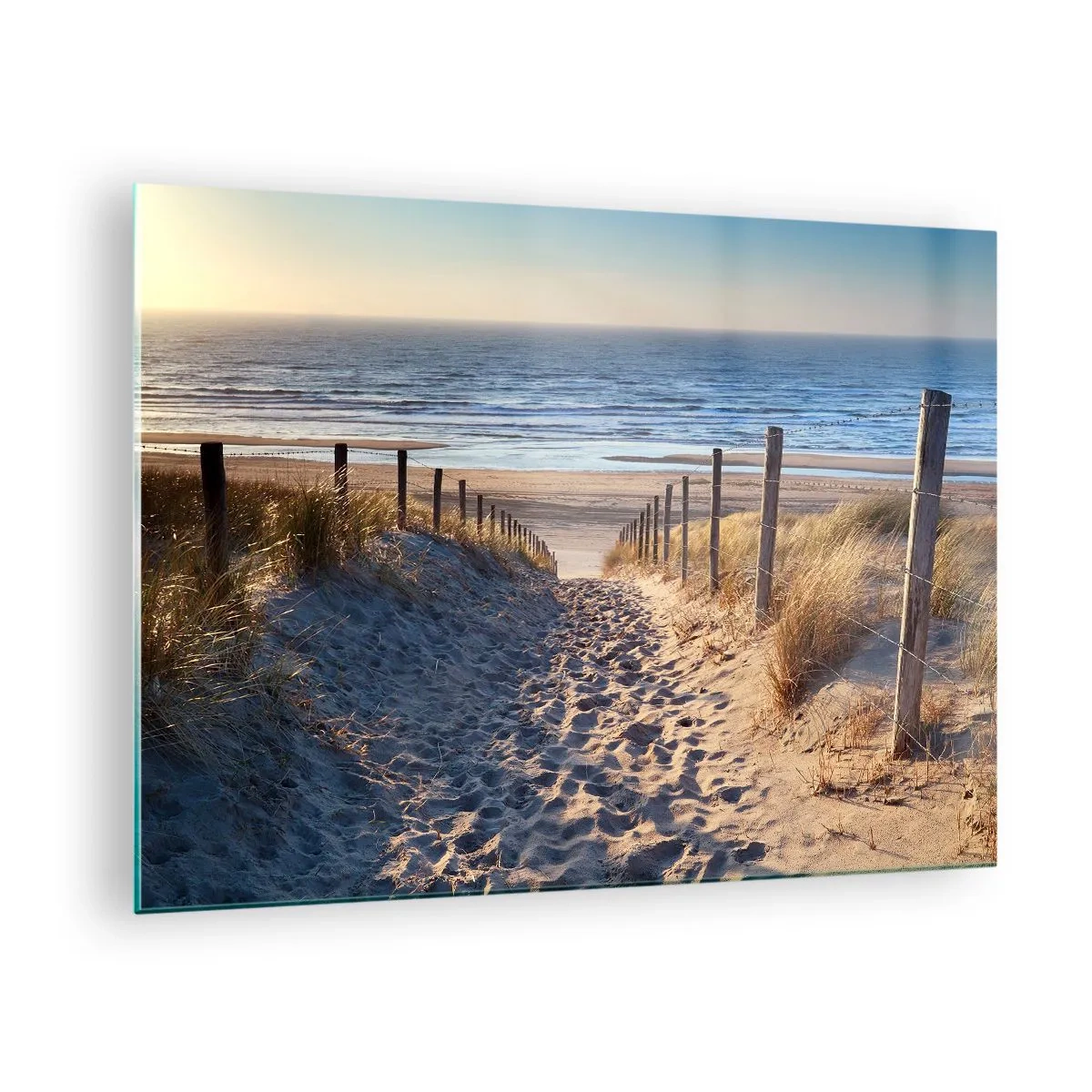Impression sur verre - Image sur verre - Un chemin à travers les dunes menant à une plage avec une mer calme - 70x50cm - Le bruit de la mer, le chant des oiseaux, une plage sauvage parmi les herbes…