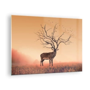 Impression sur verre - Image sur verre - Illustration d'un cerf avec un arbre comme bois - 70x50cm - Cerf de Pra - l'esprit éternel de la forêt - Décoration murale moderne pour le salon et la chambre ARTTOR