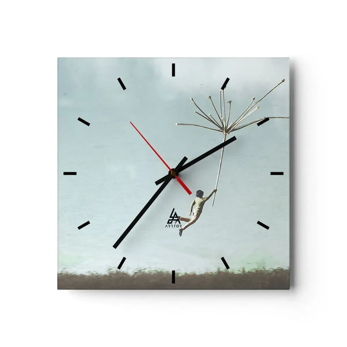 Horloge murale - Pendule murale - Une silhouette soulevée par une grosse graine de pissenlit - 30x30cm - Cerfs-volants, pissenlits, vent - Décoration murale moderne pour le salon et la chambre ARTTOR