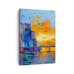 Impression sur toile - Image sur toile - Une ville colorée avec un pont au soleil couchant - 50x70cm - Culture et nature - Décoration murale moderne pour le salon et la chambre ARTTOR