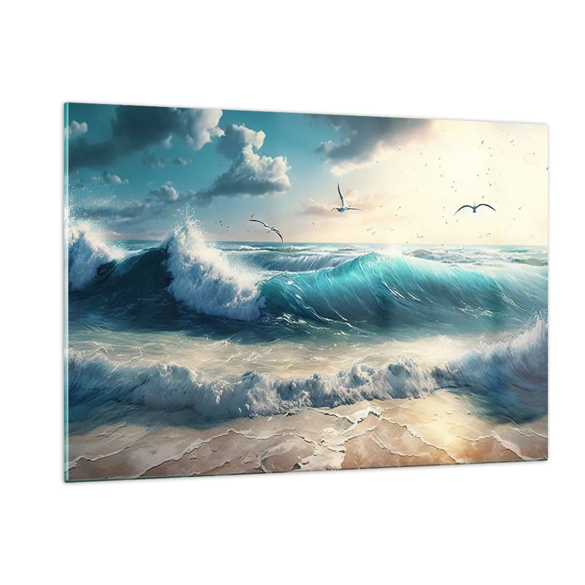 Impression sur verre - Image sur verre - Les vagues s'écrasent sur le rivage dans la lumière du matin - 120x80cm - Ça bourdonne seulement pour toi - Décoration murale moderne pour le salon et la chambre ARTTOR