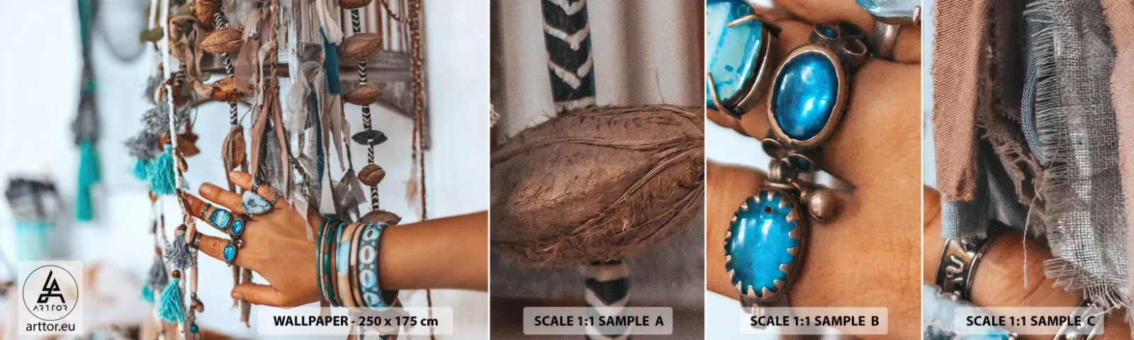 Échantillon de Papier Peint Autocollant Deluxe Sticker - Trésor local - Main de femme, Bijoux, Bohème - 100x30 cm