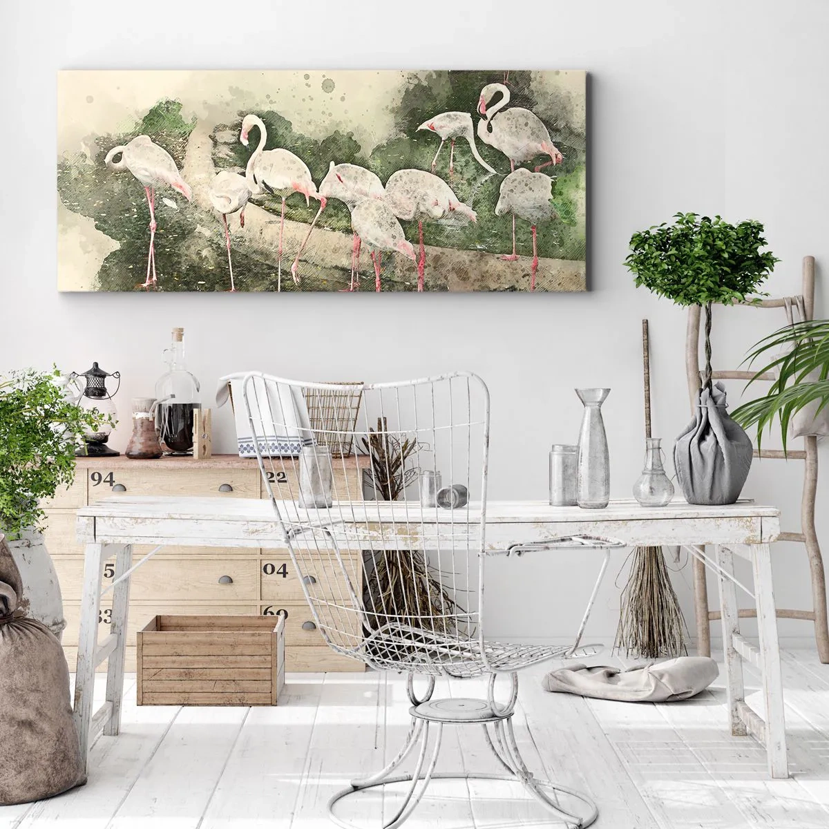 Impression sur toile - Image sur toile - Flamants roses dans leur environnement naturel dans un style aquarelle - 160x50cm - Rêve exotique - Décoration murale moderne pour le salon et la chambre ARTTOR