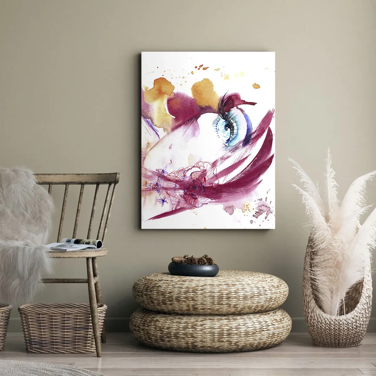 Impression sur toile - Image sur toile - Un visage abstrait avec des yeux expressifs et des accents rouges. - 80x120cm - Le monde prospère dans la proximité - Décoration murale moderne pour le salon et la chambre ARTTOR