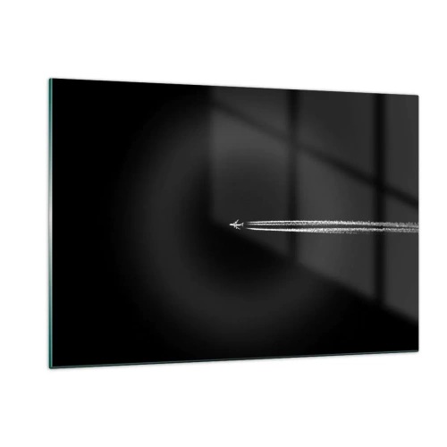 Impression sur verre - Image sur verre - Un avion à réaction sur fond noir avec une traînée de condensation - 120x80cm - Dans une autre dimension - Décoration murale moderne pour le salon et la chambre ARTTOR