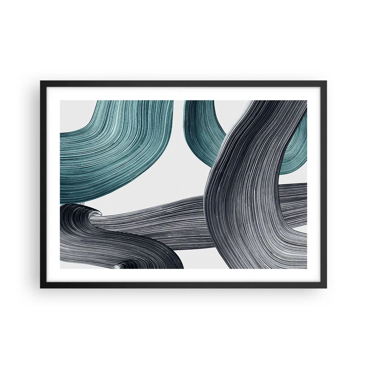 Affiche dans un cadre noir - Poster - Lignes abstraites fluides dans des tons de vert et de gris - 70x50cm - Sentiers émeraude et noirs - Décoration murale moderne pour le salon et la chambre ARTTOR