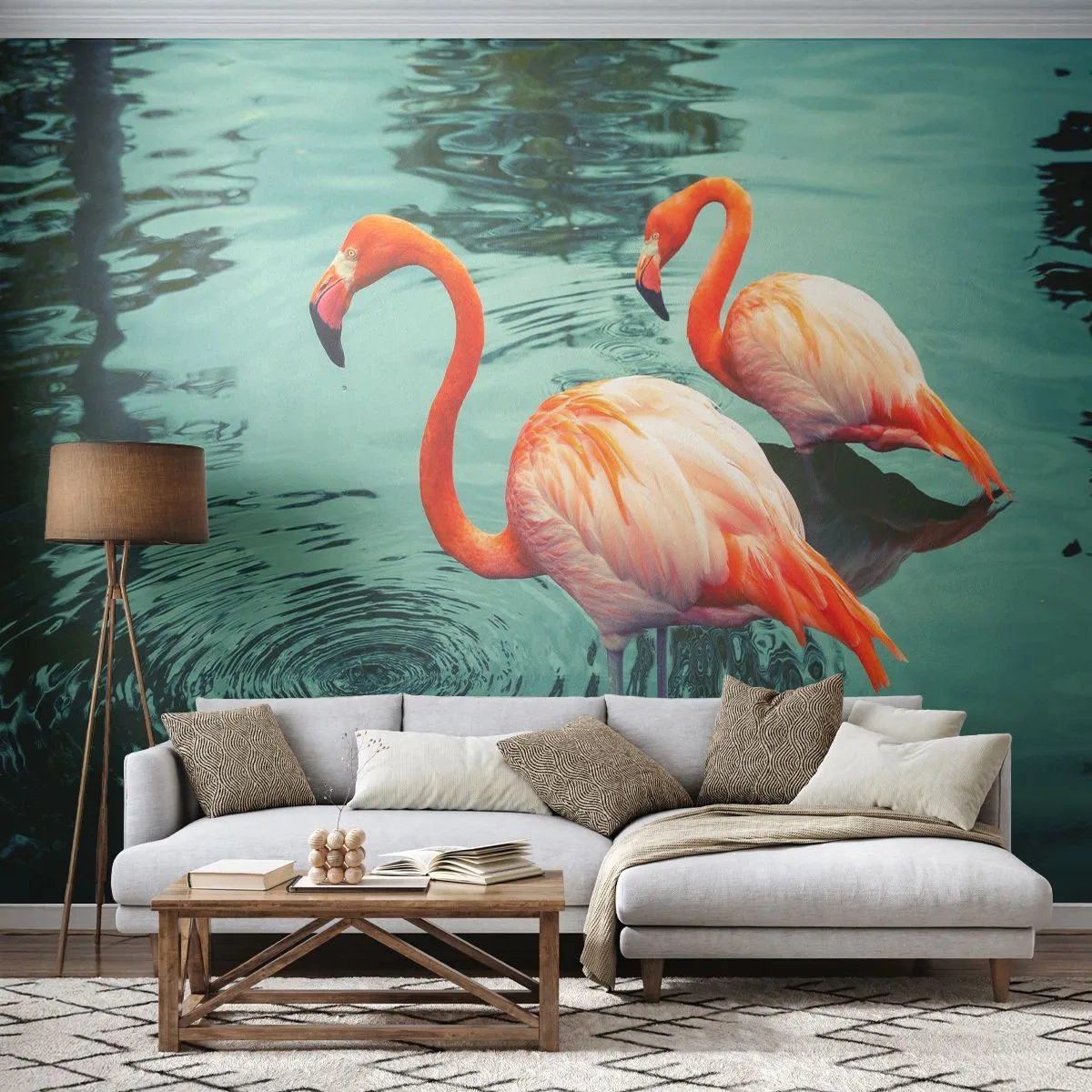 Papier Peint Photo Premium Sand - Deux flamants roses debout dans l'eau avec leur reflet à la surface - 100x70cm - Nous sommes à la mode maintenant - Décoration murale moderne pour le salon et la chambre ARTTOR