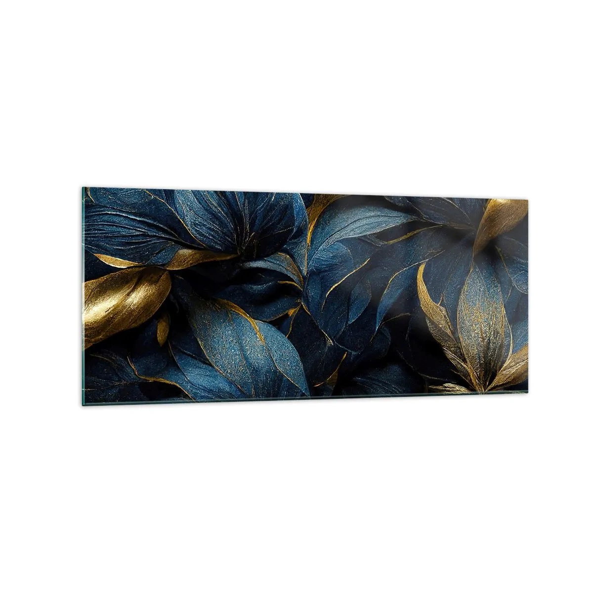 Impression sur verre - Image sur verre - Feuilles élégantes dans des tons dorés et bleu marine - 120x50cm - Des dessous dorés - Décoration murale moderne pour le salon et la chambre ARTTOR