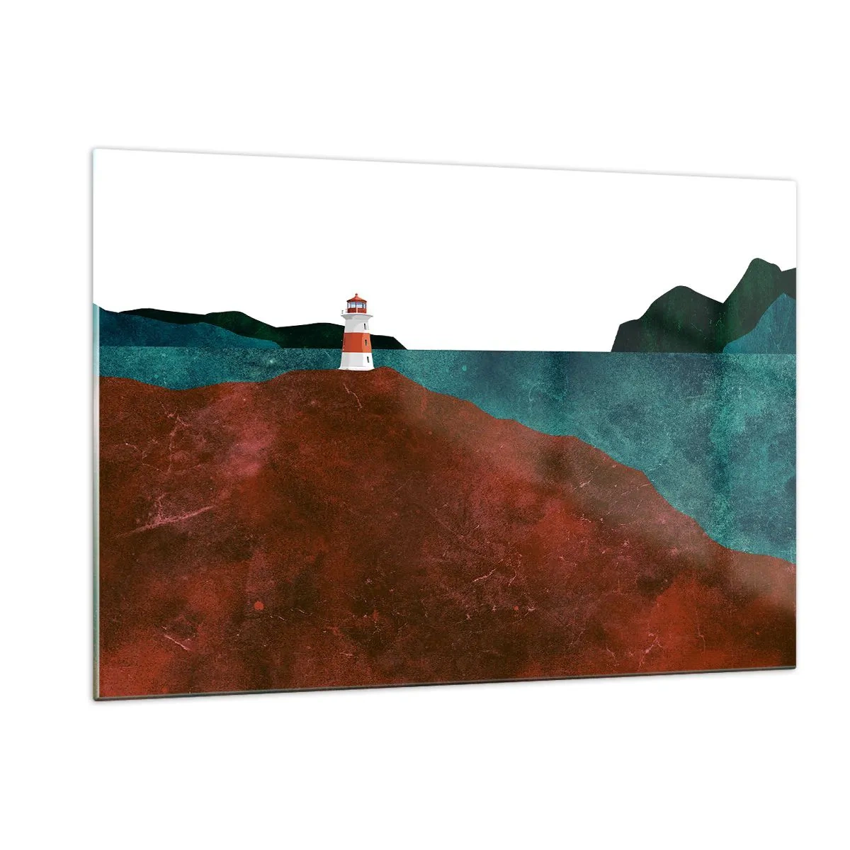 Impression sur verre - Image sur verre - Un phare sur fond de mer turquoise et de falaises rouges - 120x80cm - En regardant la mer - Décoration murale moderne pour le salon et la chambre ARTTOR