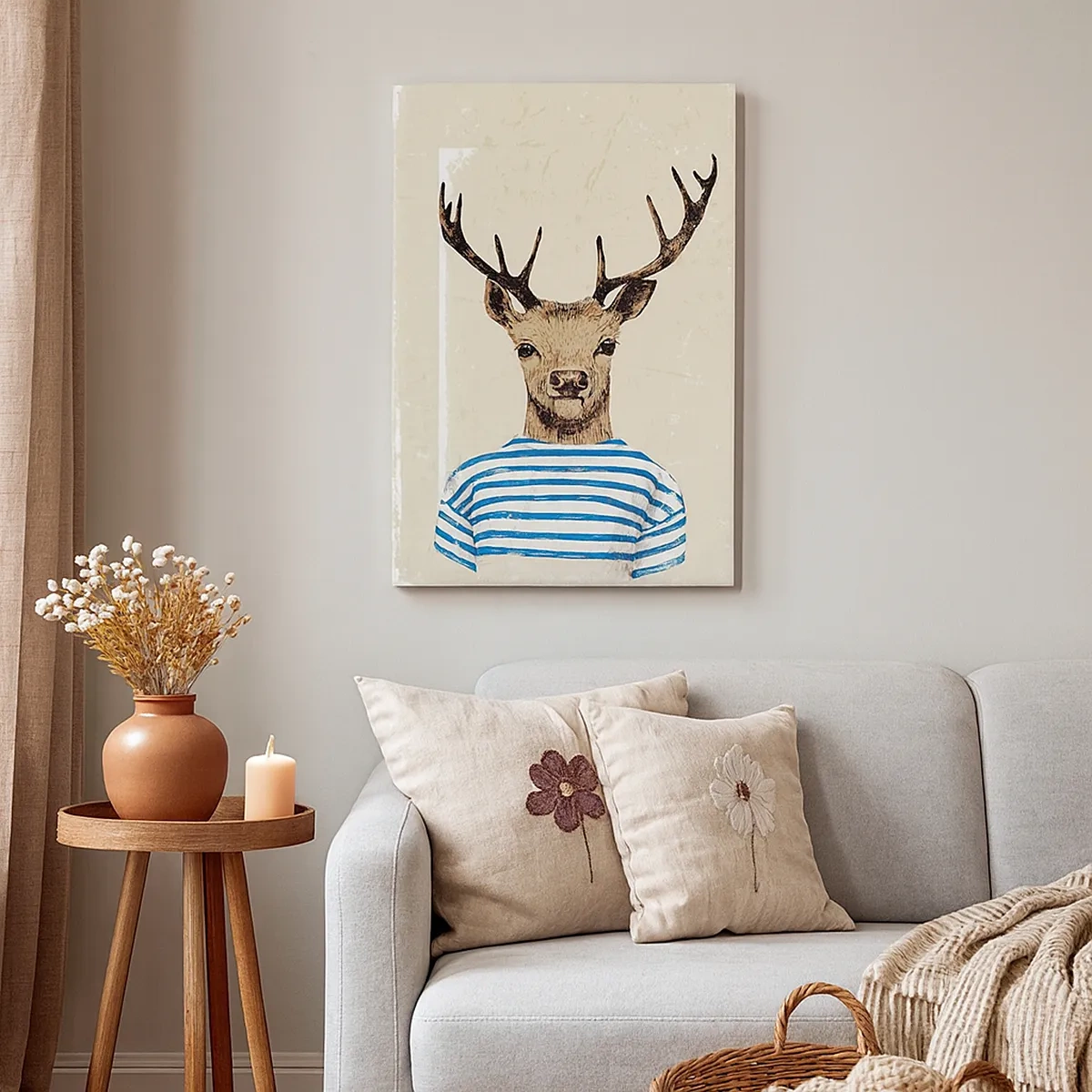 Impression sur toile - Image sur toile - Un cerf en chemise rayée sur un fond clair avec une texture délicate - 50x70cm - Parce que j'aime les chemises rayées - Décoration murale moderne pour le salon et la chambre ARTTOR