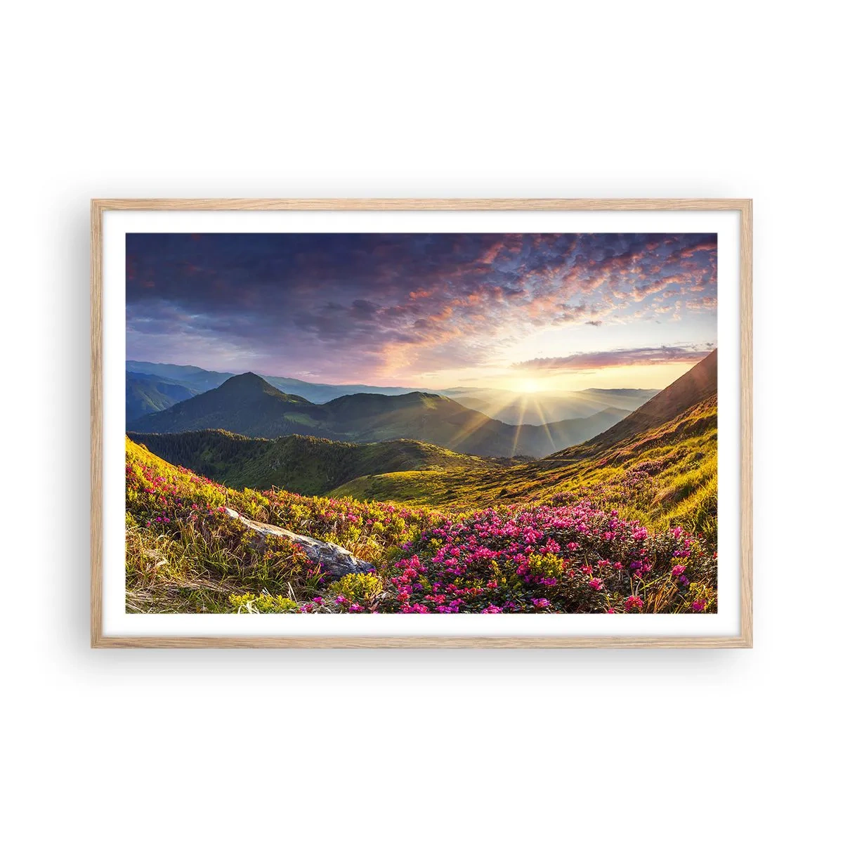 Affiche dans un chêne clair - Poster - Fraîcheur matinale en montagne - 91x61 cm